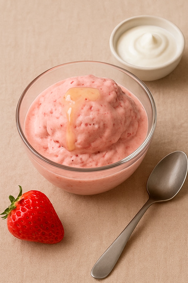 Sorvete de morango com iogurte em taça de vidro, fotografado a 45º com morango fresco e colher ao lado.