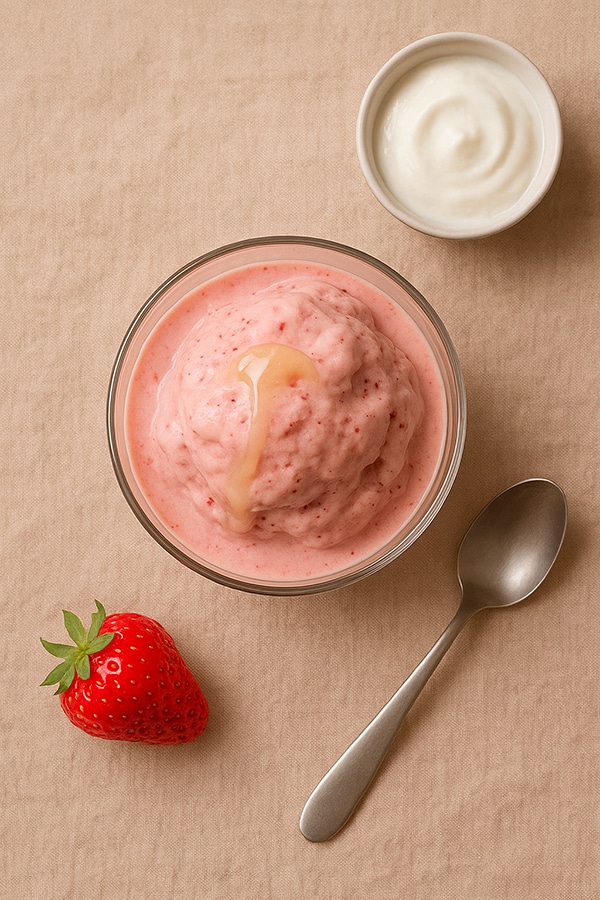 Vista superior de uma taça com sorvete de morango e iogurte sobre tecido de linho, com morangos frescos e potinho de iogurte ao redor.