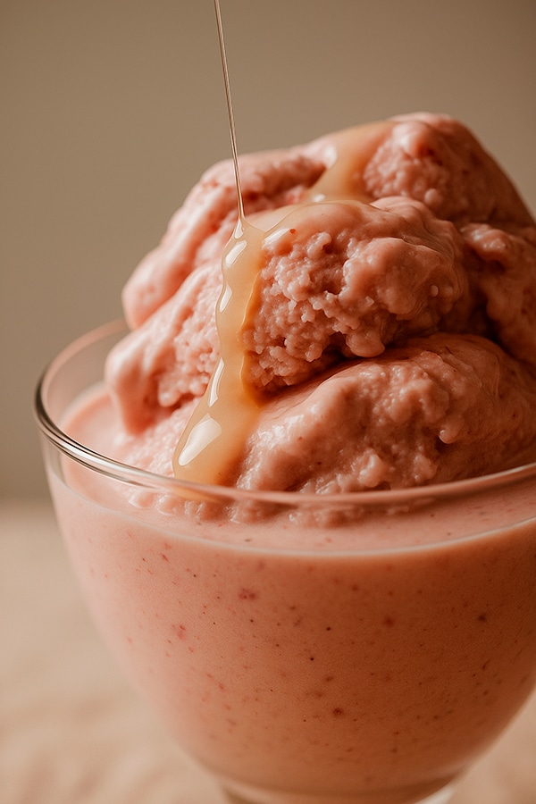 Sorvete de morango com iogurte cremoso servido em taça de vidro, com mel escorrendo suavemente sobre o topo.