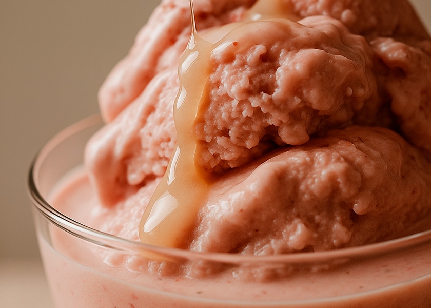 Sorvete de morango com iogurte cremoso servido em taça de vidro.